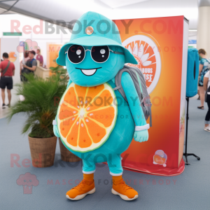 Turquoise Grapefruit mascot costume character dressed with a Vest and Backpacks