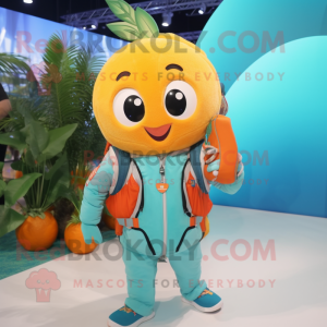 Turquoise Grapefruit mascot costume character dressed with a Vest and Backpacks