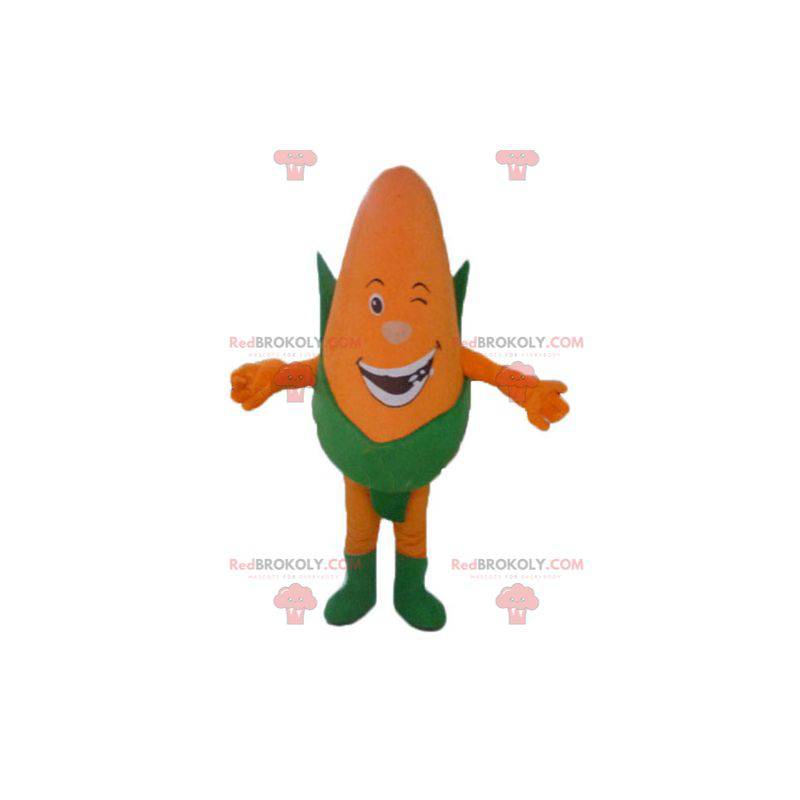 Mascote gigante de espiga de milho laranja e verde sorrindo -