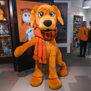 Orange Dog mascot costume character dressed with a Graphic Tee and Scarves