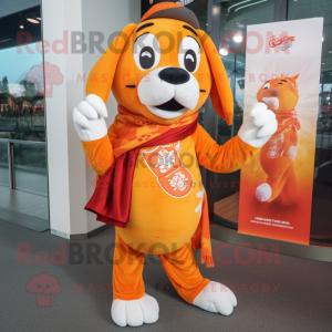 Orange Dog mascot costume character dressed with a Graphic Tee and Scarves