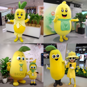 Yellow Radish mascot costume character dressed with a Shift Dress and Smartwatches