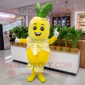 Yellow Radish mascot costume character dressed with a Shift Dress and Smartwatches