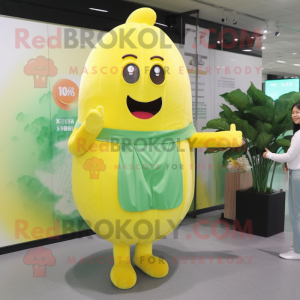 Yellow Radish mascot costume character dressed with a Shift Dress and Smartwatches