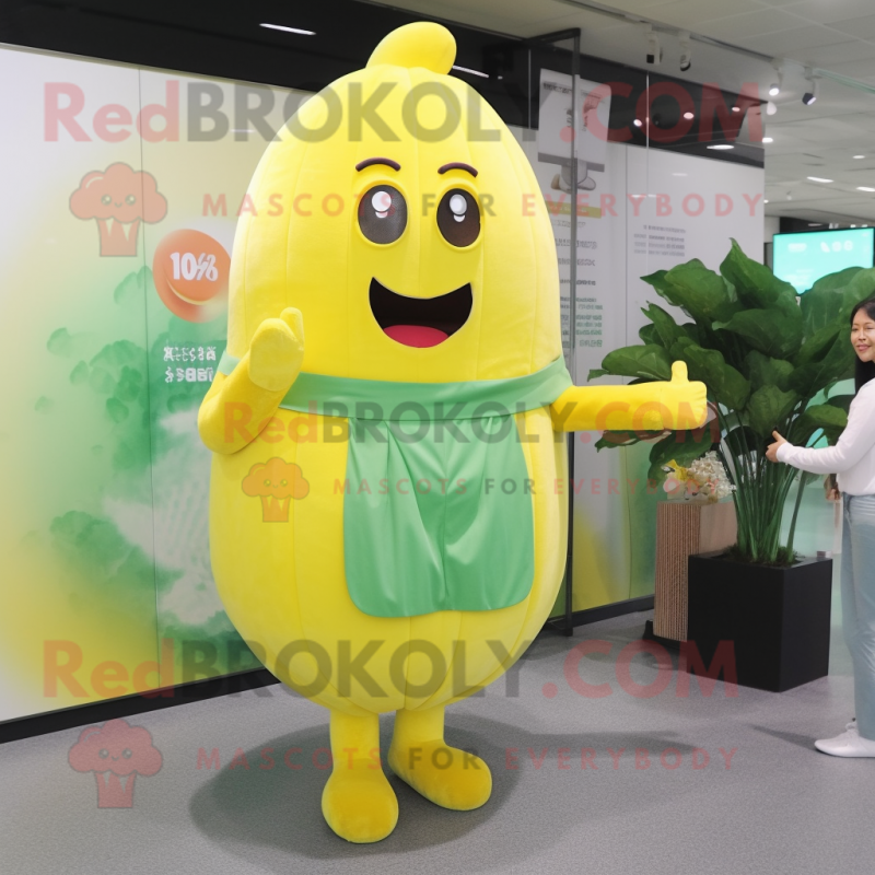 Yellow Radish mascot costume character dressed with a Shift Dress and Smartwatches