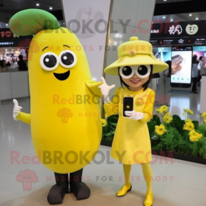 Yellow Radish mascot costume character dressed with a Shift Dress and Smartwatches