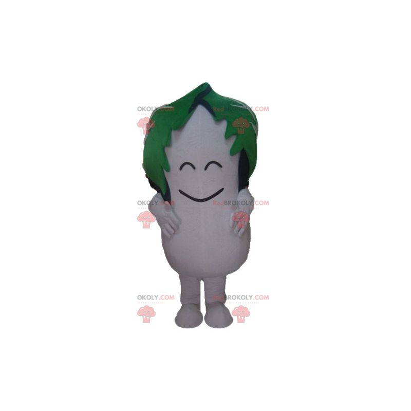 Dudhi white radish mascot with a leaf on his head -