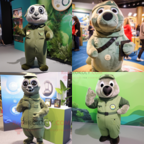 Olive Seal mascot costume character dressed with a Overalls and Rings