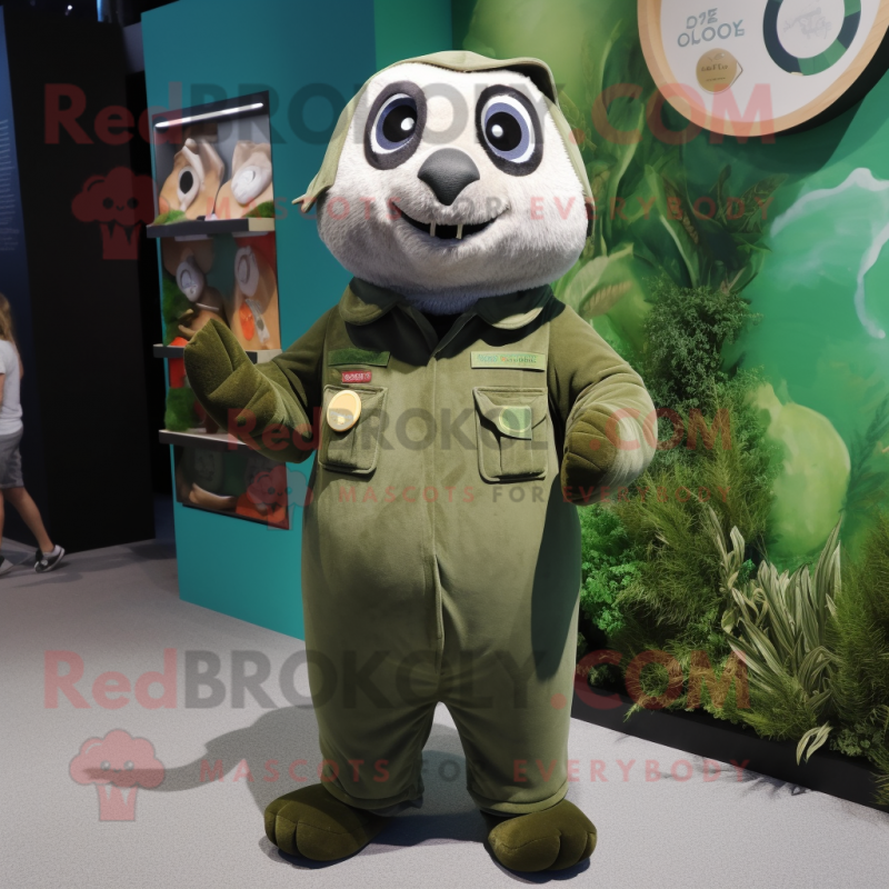 Olive Seal mascot costume character dressed with a Overalls and Rings