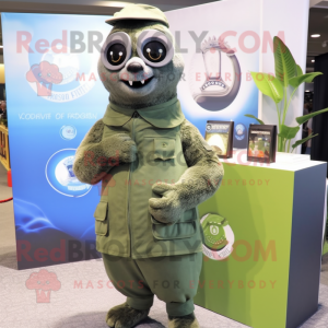 Olive Seal mascot costume character dressed with a Overalls and Rings