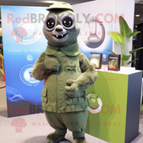 Olive Seal mascot costume character dressed with a Overalls and Rings