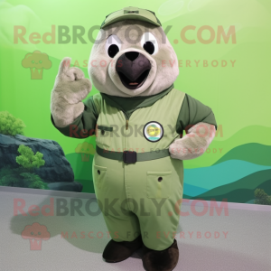 Olive Seal mascot costume character dressed with a Overalls and Rings