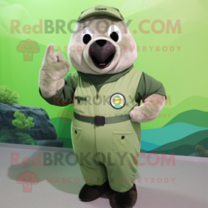 Olive Seal mascot costume character dressed with a Overalls and Rings