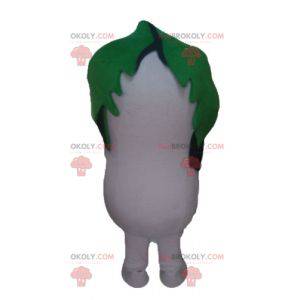 Dudhi white radish mascot with a leaf on his head -