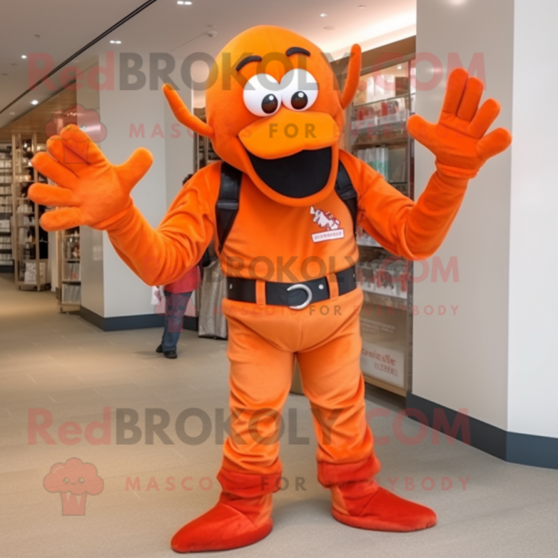 Orange Lobster mascot costume character dressed with a Flare Jeans and Belts