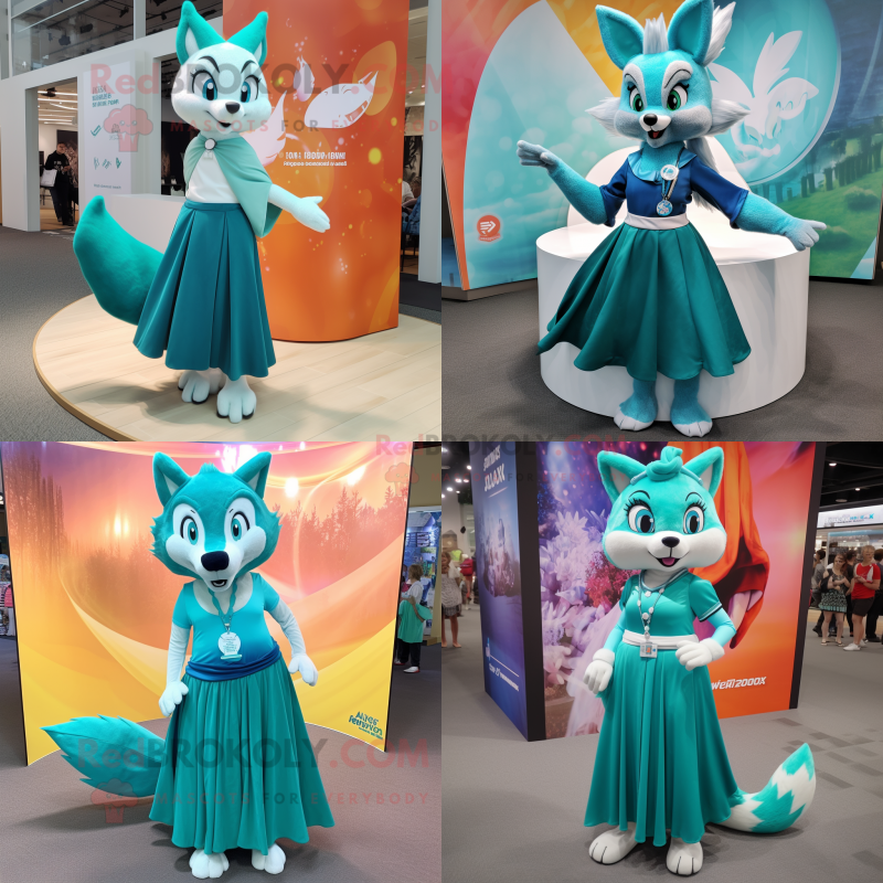 Teal Fox mascot costume character dressed with a Maxi Skirt and Anklets