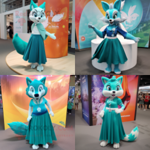 Teal Fox mascot costume character dressed with a Maxi Skirt and Anklets