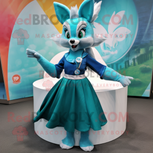 Teal Fox mascot costume character dressed with a Maxi Skirt and Anklets