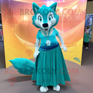 Teal Fox mascot costume character dressed with a Maxi Skirt and Anklets