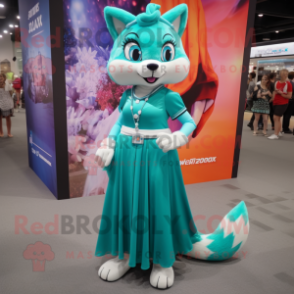 Teal Fox mascot costume character dressed with a Maxi Skirt and Anklets