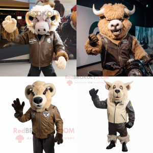 Beige Buffalo mascot costume character dressed with a Biker Jacket and Gloves