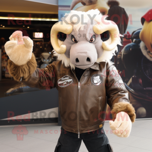Beige Buffalo mascot costume character dressed with a Biker Jacket and Gloves