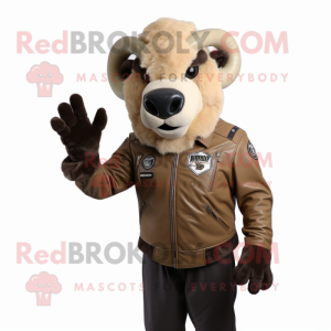 Beige Buffalo mascot costume character dressed with a Biker Jacket and Gloves