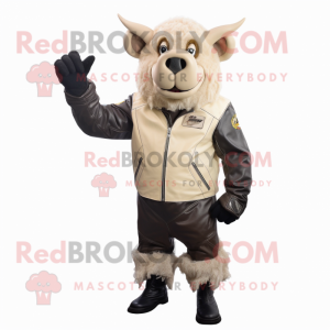 Beige Buffalo mascot costume character dressed with a Biker Jacket and Gloves