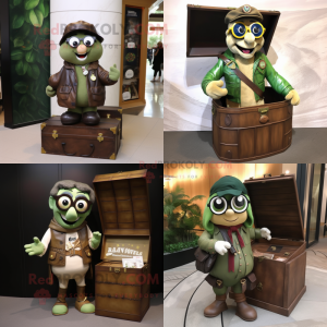 Olive Treasure Chest mascot costume character dressed with a Leather Jacket and Reading glasses