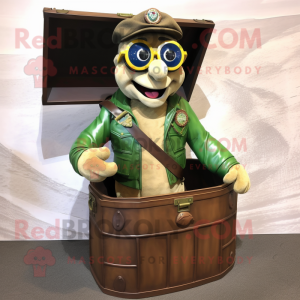 Olive Treasure Chest mascot costume character dressed with a Leather Jacket and Reading glasses