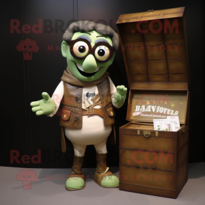 Olive Treasure Chest mascot costume character dressed with a Leather Jacket and Reading glasses