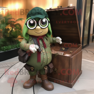 Olive Treasure Chest mascot costume character dressed with a Leather Jacket and Reading glasses