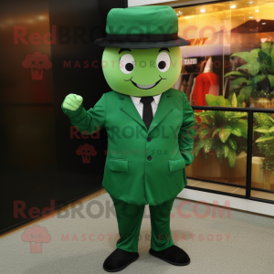 Forest Green Dim Sum mascot costume character dressed with a Suit Pants and Caps