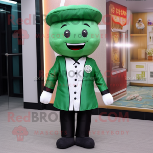 Forest Green Dim Sum mascot costume character dressed with a Suit Pants and Caps