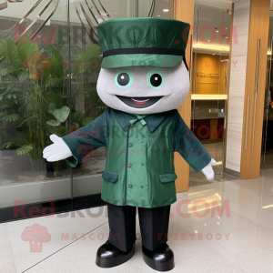 Forest Green Dim Sum mascot costume character dressed with a Suit Pants and Caps