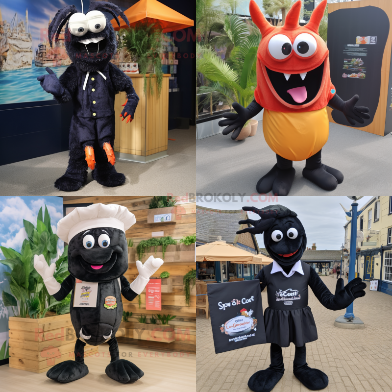 Black Shrimp Scampi mascot costume character dressed with a Playsuit and Pocket squares Black Shrimp Scampi mascot costume character dressed with a Playsuit and Pocket squares