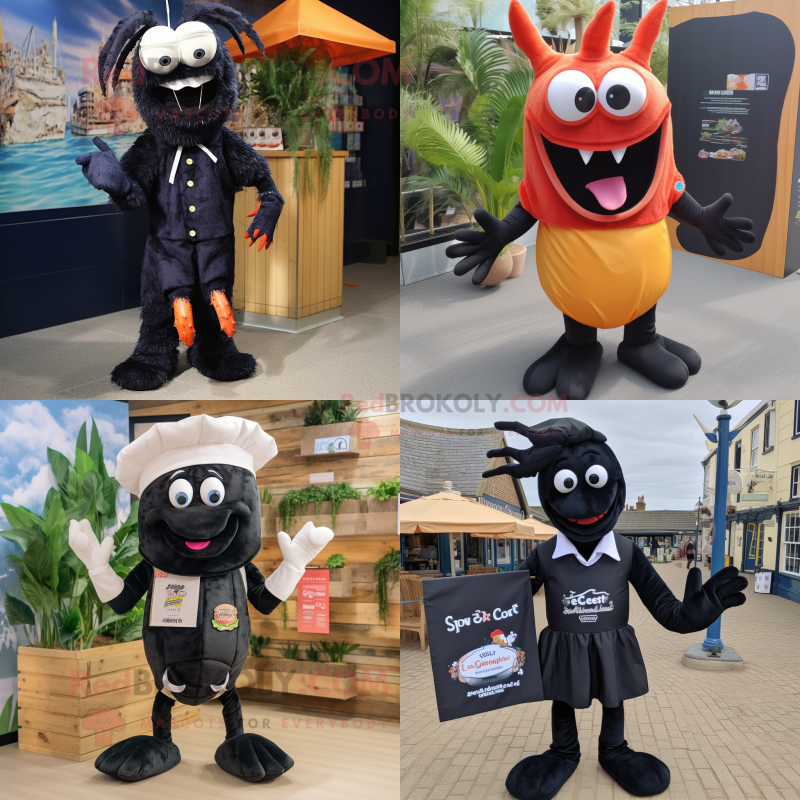 Black Shrimp Scampi mascot costume character dressed with a Playsuit and Pocket squares