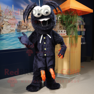 Black Shrimp Scampi mascot costume character dressed with a Playsuit and Pocket squares