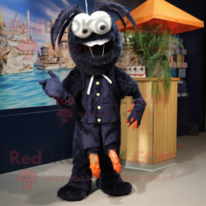 Black Shrimp Scampi mascot costume character dressed with a Playsuit and Pocket squares