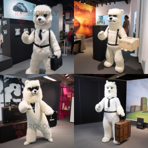 White Alpaca mascot costume character dressed with a Jumpsuit and Briefcases