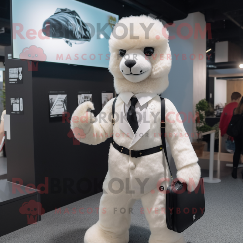 White Alpaca mascot costume character dressed with a Jumpsuit and Briefcases