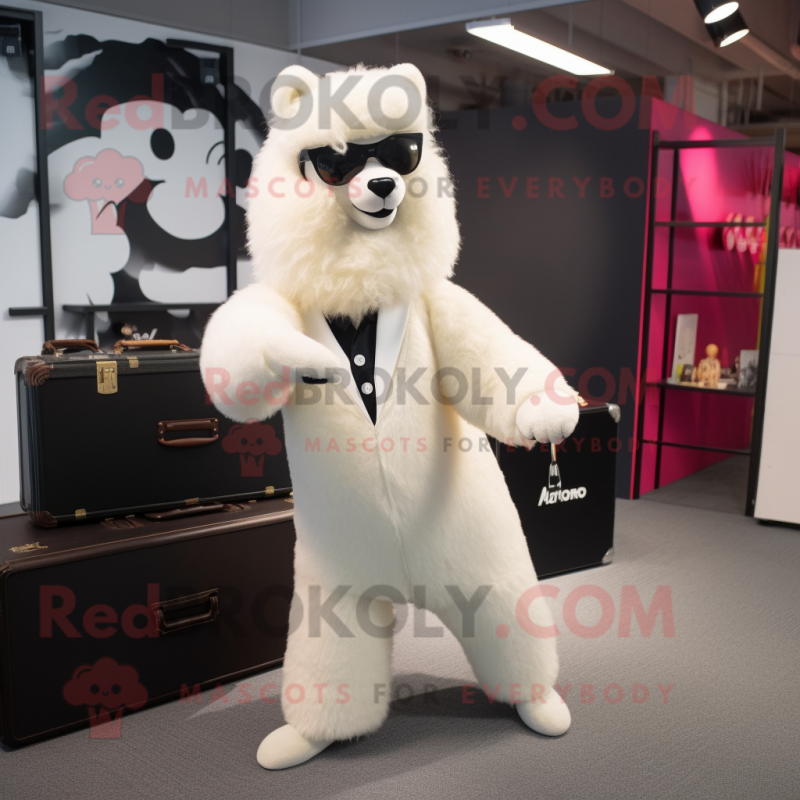 White Alpaca mascot costume character dressed with a Jumpsuit and Briefcases White Alpaca mascot costume character dressed with a Jumpsuit and Briefcases
