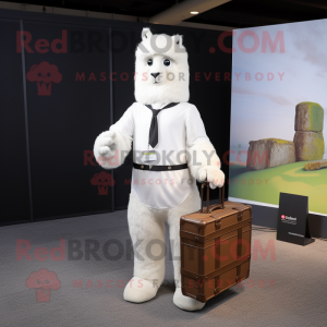 White Alpaca mascot costume character dressed with a Jumpsuit and Briefcases