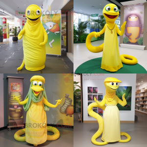 Lemon Yellow Snake mascot costume character dressed with a Maxi Dress and Caps