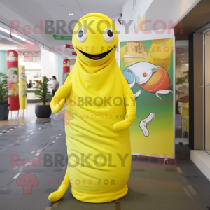 Lemon Yellow Snake mascot costume character dressed with a Maxi Dress and Caps