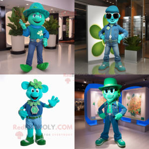 Turquoise Bunch Of Shamrocks mascot costume character dressed with a Bootcut Jeans and Bracelet watches