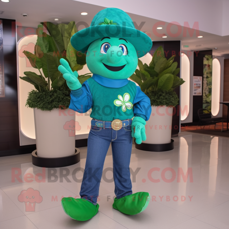 Turquoise Bunch Of Shamrocks mascot costume character dressed with a Bootcut Jeans and Bracelet watches