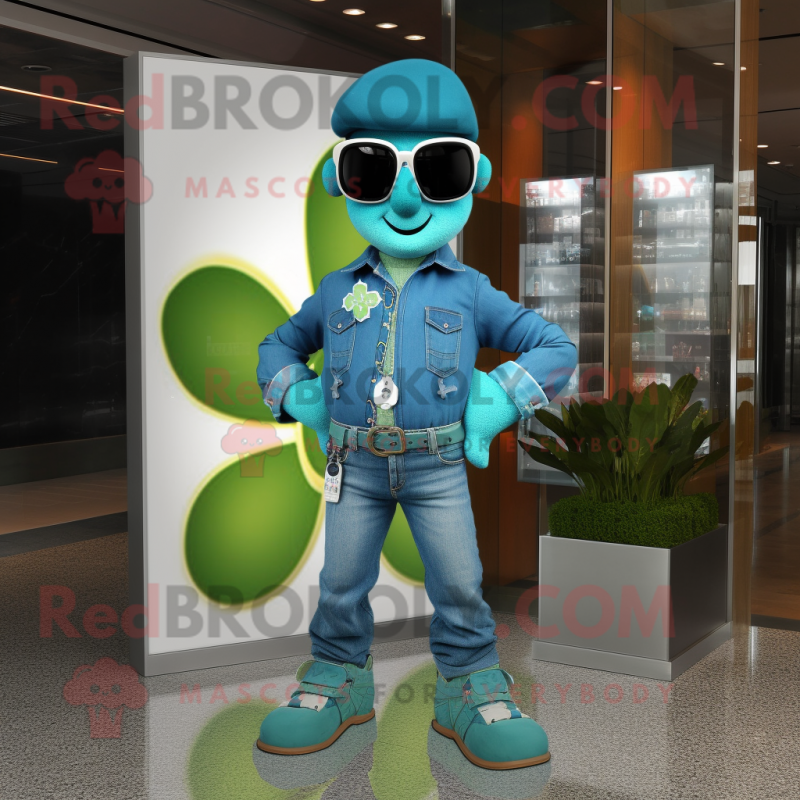 Turquoise Bunch Of Shamrocks mascot costume character dressed with a Bootcut Jeans and Bracelet watches