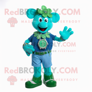 Turquoise Bunch Of Shamrocks mascot costume character dressed with a Bootcut Jeans and Bracelet watches