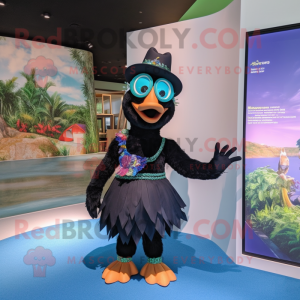 Black Peacock mascot costume character dressed with a Swimwear and Berets